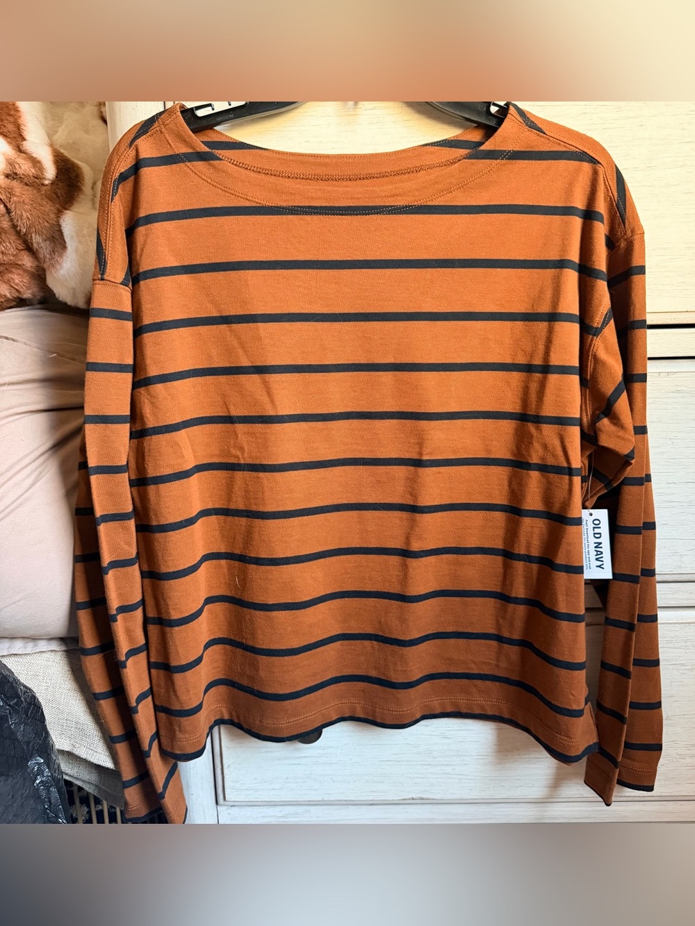 Old Navy Rust Orange and Navy Striped Long-Sleeve Tee